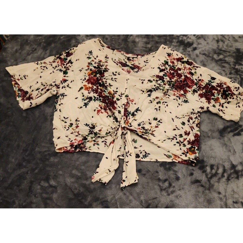 LUQ V-Neck Blouse Front Tie Cropped Floral Top Womens Sz L Cottagecore Boho
